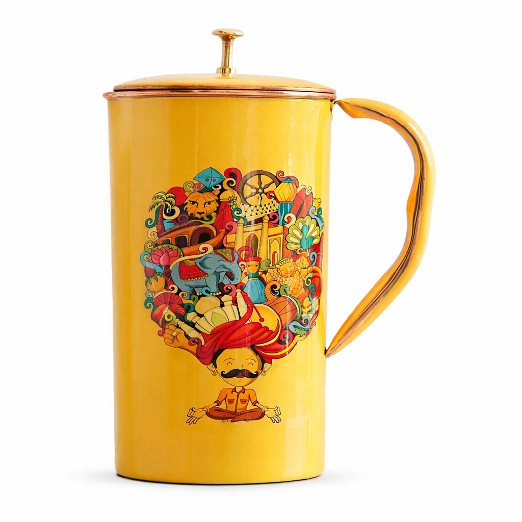 Pure copper printed jug padharo mhare desh design rajasthan pagdi art, 2000 ML